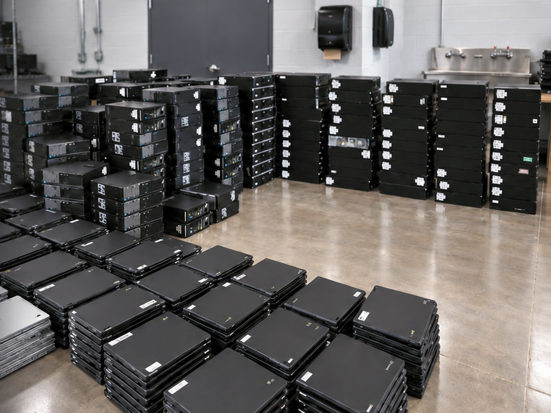 Rows of retired Chromebooks and stacked desktop computers on our warehouse floor.