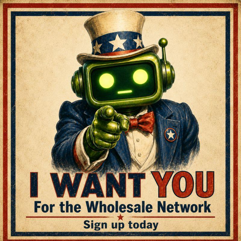 Gadget, Regadget’s robot mascot, as Uncle Sam on a vintage poster, pointing at you: I want you for the Wholesale Network. Sign up today.